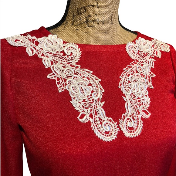 Handmade Lace Appliqué Red Holiday Party Dress  XXS-XS - Picture 8 of 16